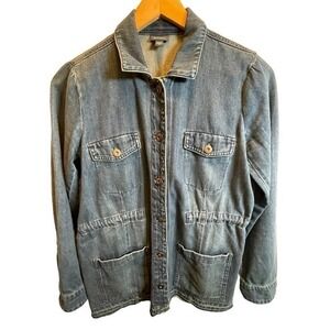J.Jill Denim Button Up Western Denim Jacket Drawstring Waist & Fringe‎ Raw Hem